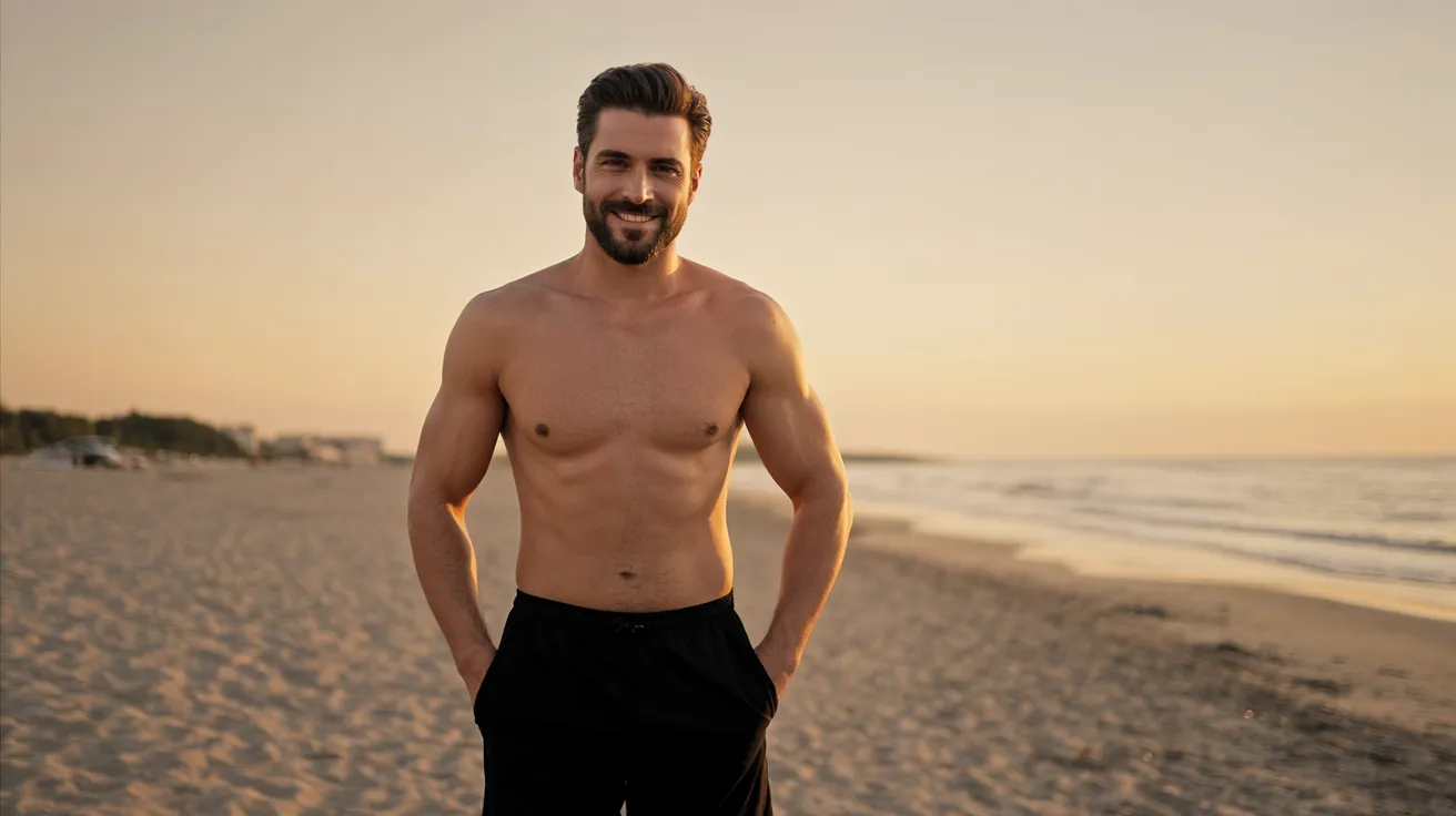 Shirtless man with a beard standing confidently on a sandy beach at sunset, wearing black shorts.