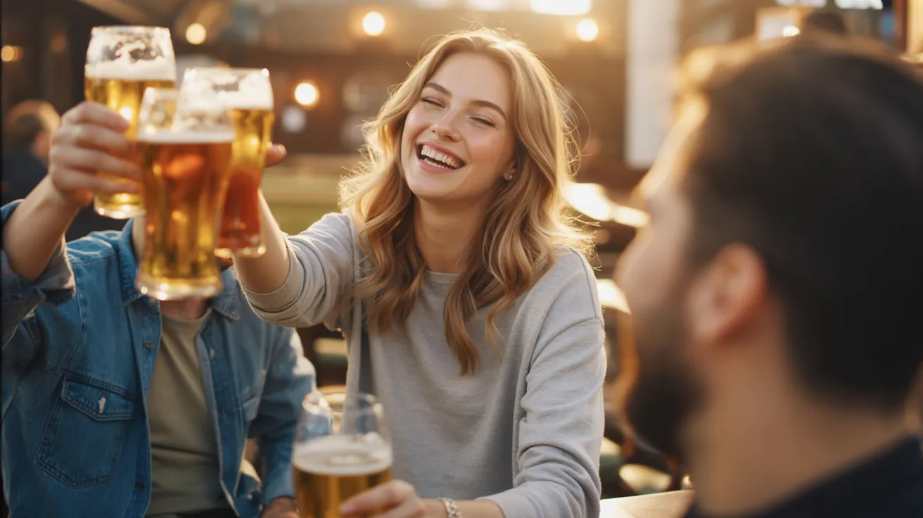 Smiling woman in casual clothes toasting beer with friends in a warm, outdoor setting.