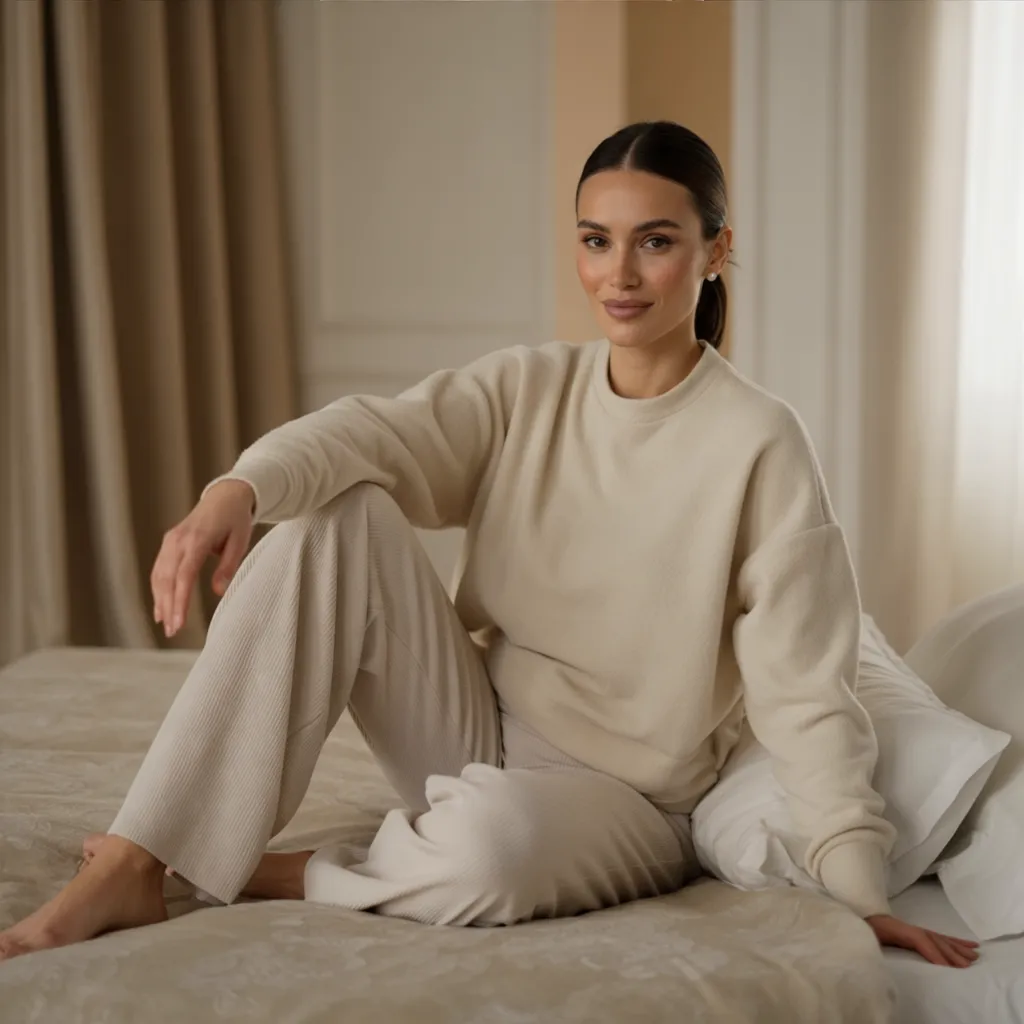Person sitting on a bed in a cozy room, wearing a cream sweater and pants, looking relaxed.