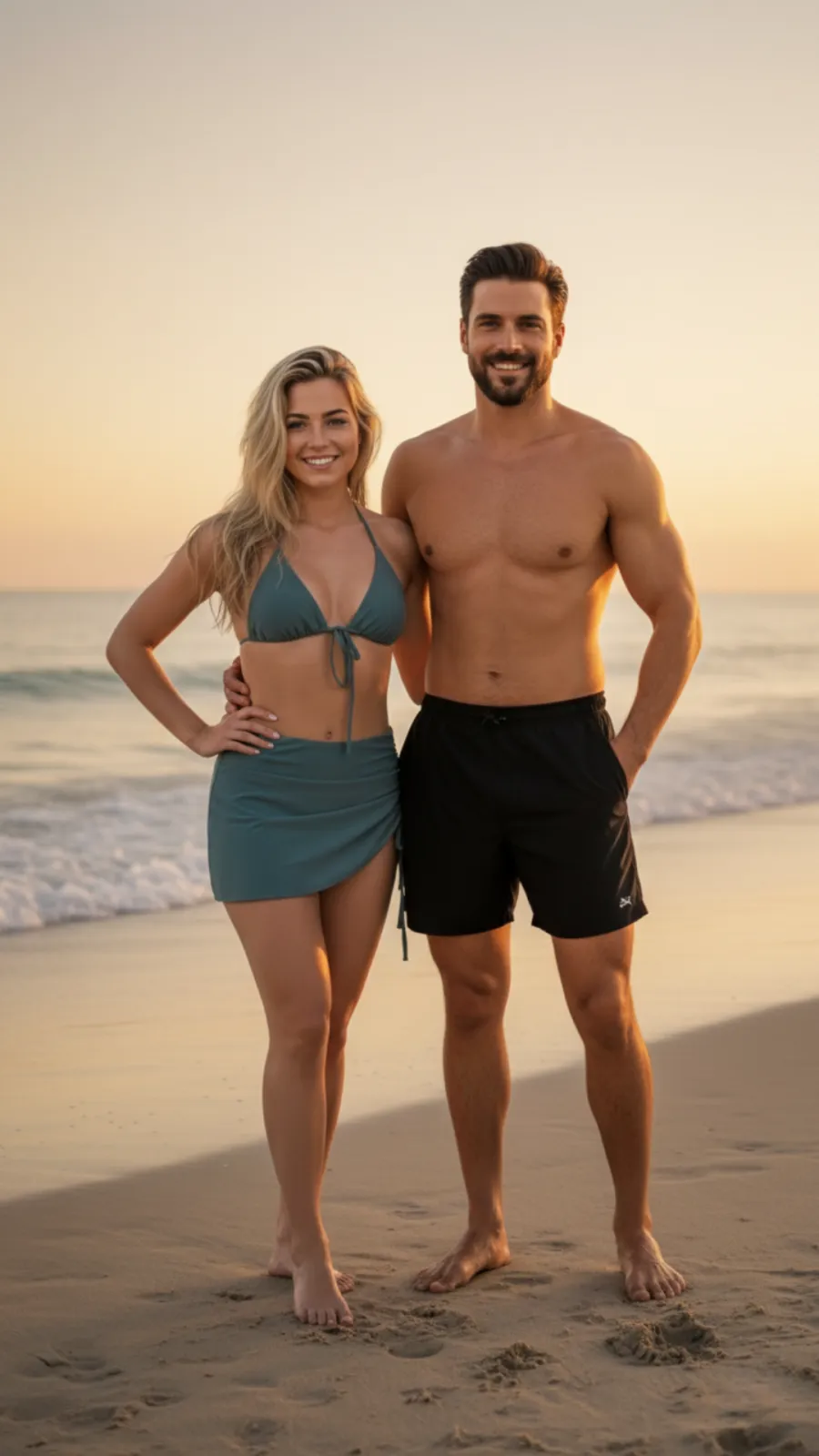 Two people standing on the beach at sunset, one in a teal bikini and the other in black swim trunks, smiling.