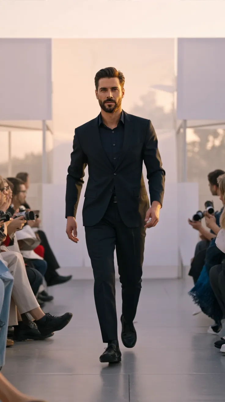 Person in a dark suit walking confidently on a well-lit runway with audience on both sides