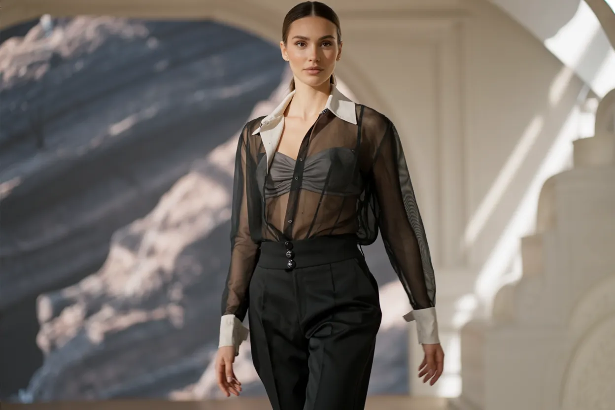 Person in sheer black blouse and high-waisted pants in an elegant setting with soft lighting.