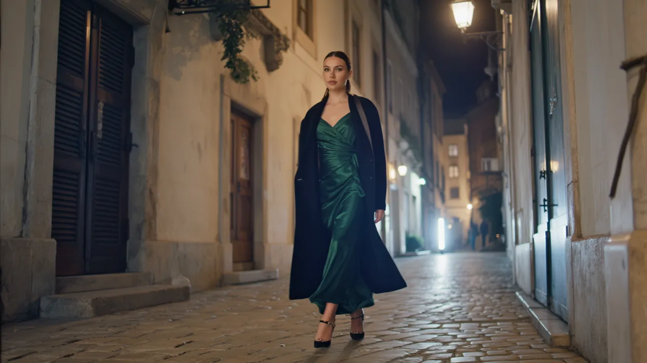 Woman in a green dress and black coat walks down a cobblestone street at night,