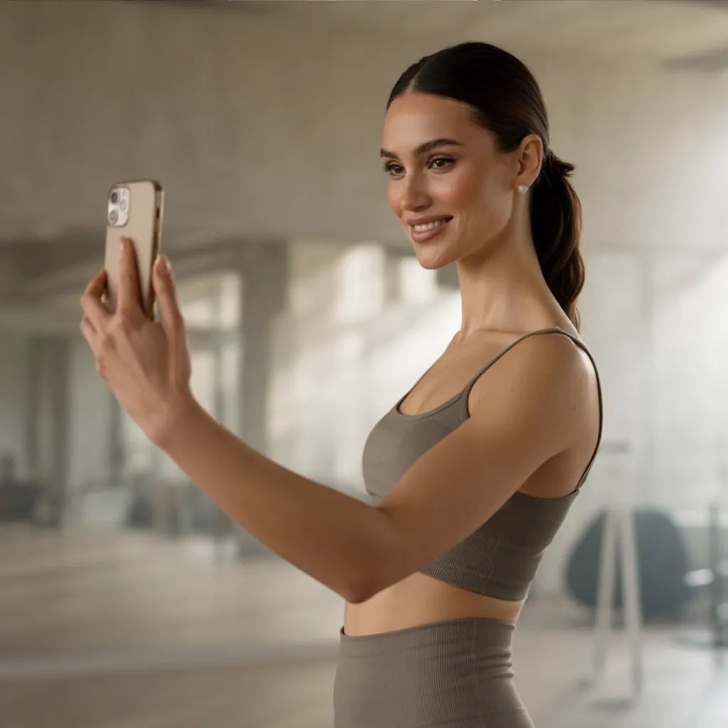 Woman in athletic wear taking a selfie in an airy, modern gym with a warm smile.