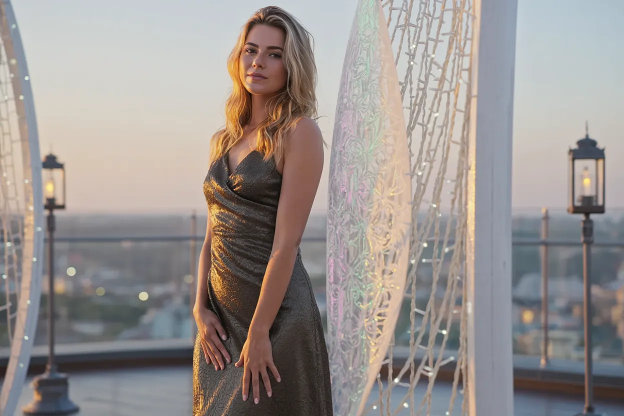 Woman in metallic dress on rooftop at sunset with decorative lights, serene expression.