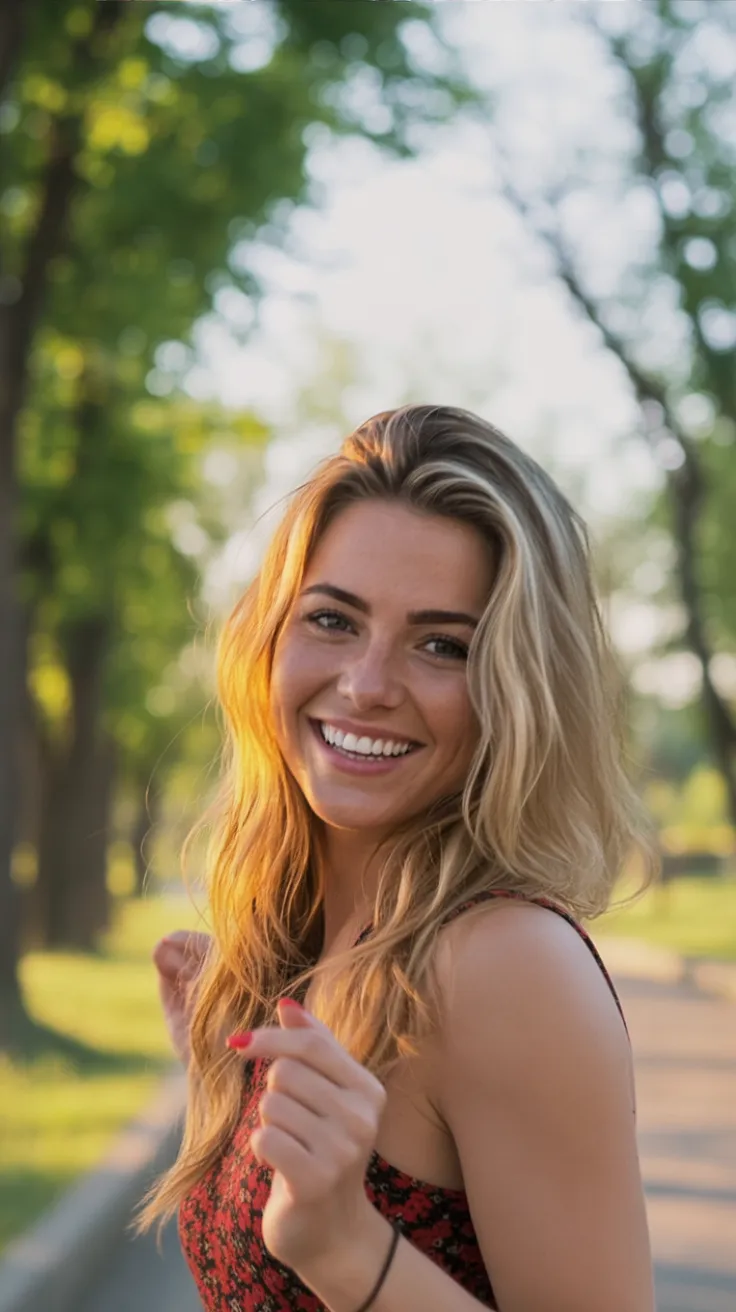 Smiling woman in a park, wearing a sleeveless dress, sunlight illuminating her face, trees in the background
