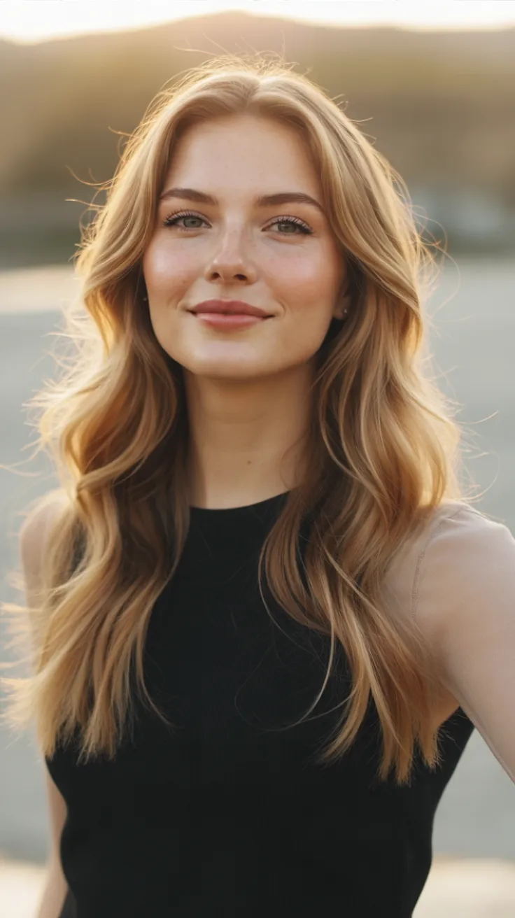 Woman with long blonde hair, smiling softly in black top, golden hour light creating serene ambiance.