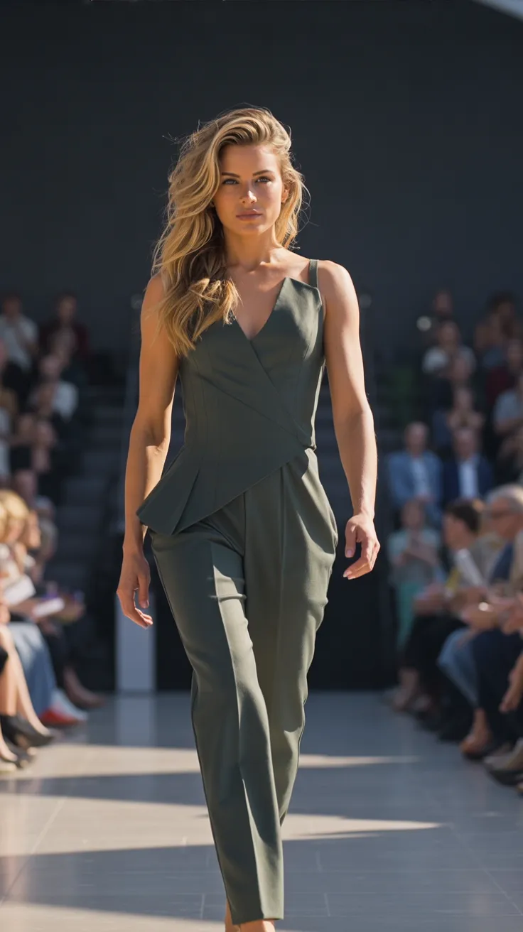 Model walking down a runway at a fashion show.