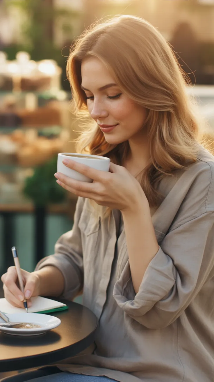 Woman with blonde hair drinking coffee at an outdoor café while writing in a notebook, relaxed and thoughtful mood.