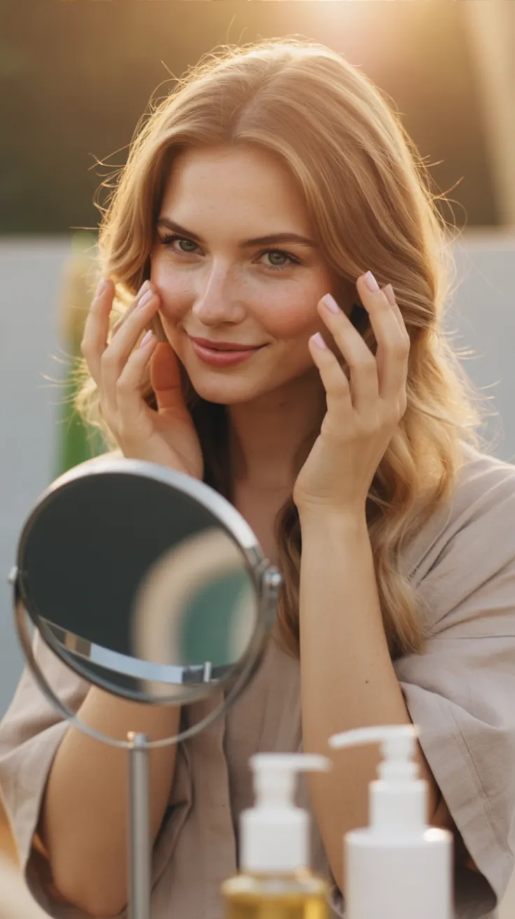 Woman with light hair touching her face in front of a mirror outside, with skincare products on a table, in a warm sunl…