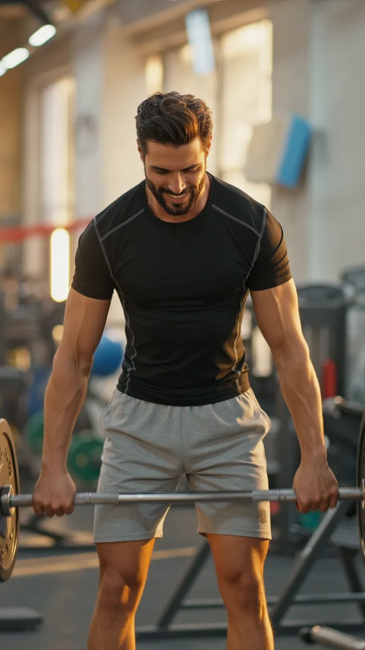 Man lifting weights in a gym, wearing a black sports shirt and gray shorts, focused expression.