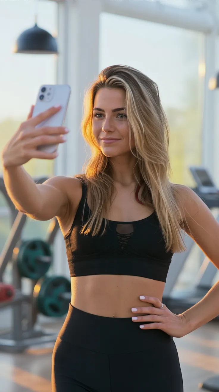 Woman in gym taking a selfie, wearing black workout attire, with gym equipment in the background, sunny mood.