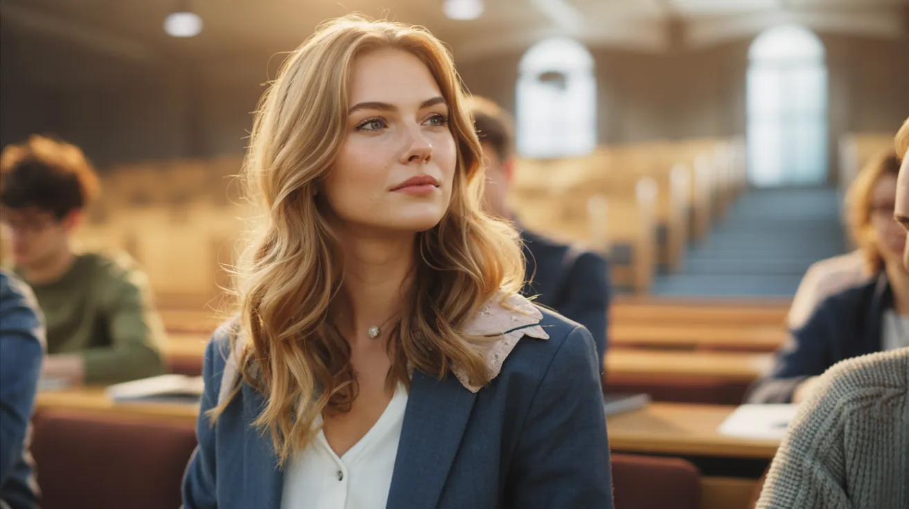 Young woman with long blonde hair in a blue blazer, sitting in a sunlit lecture hall.