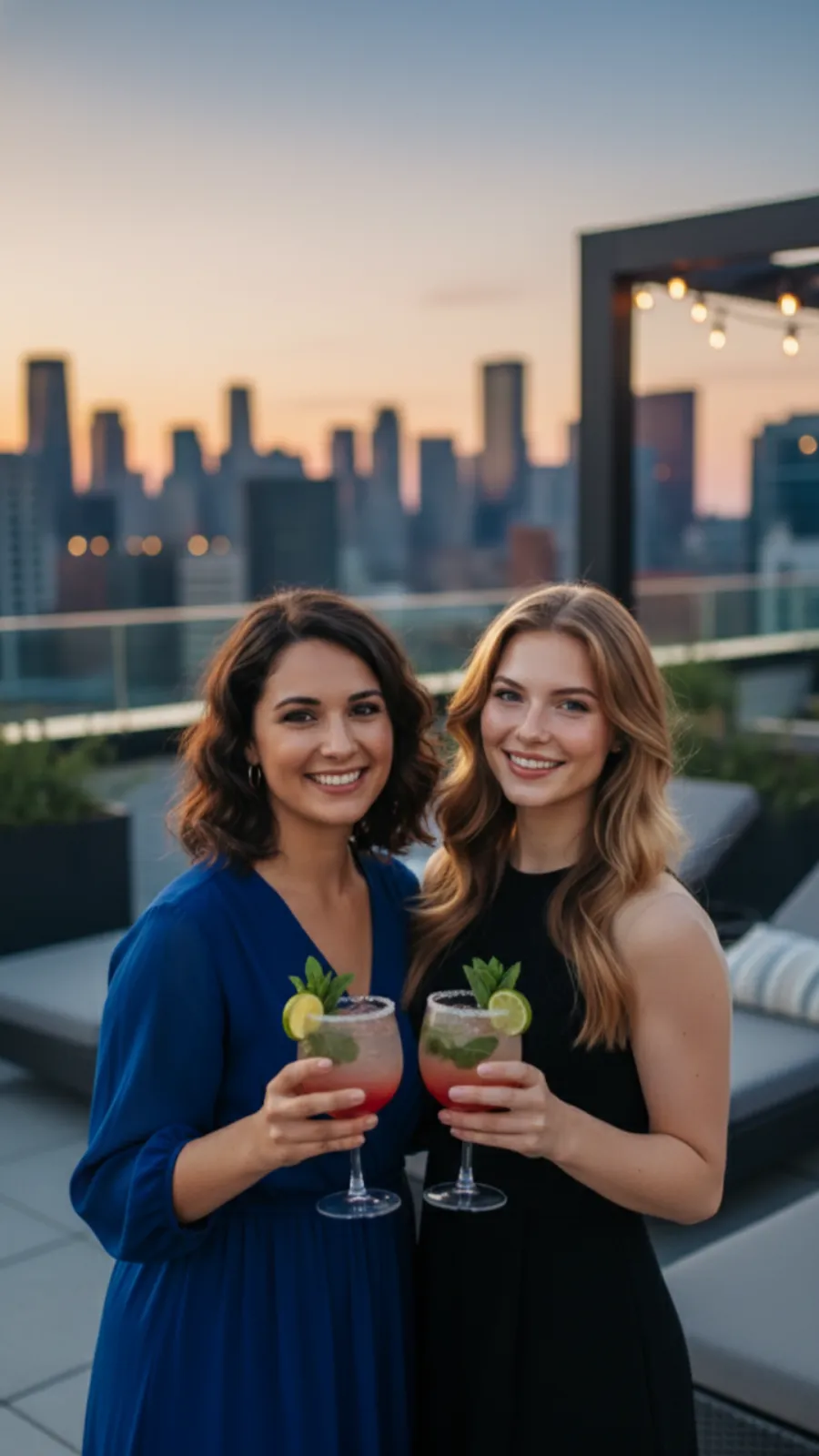 Two women smiling and holding cocktails on a rooftop with a city skyline at sunset.