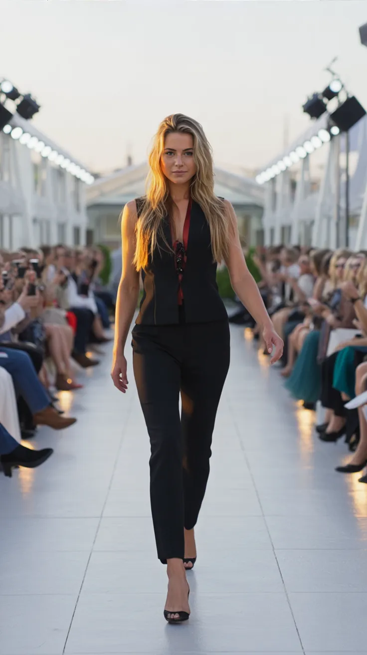 Model walking confidently down a runway in a black outfit with a sunset backdrop and audience watching.