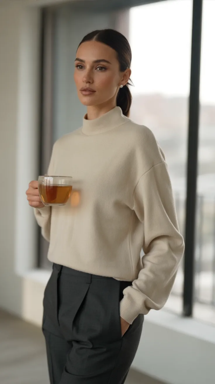 Person with dark hair holding a glass cup of tea stands by a window, wearing a beige sweater and dark pants