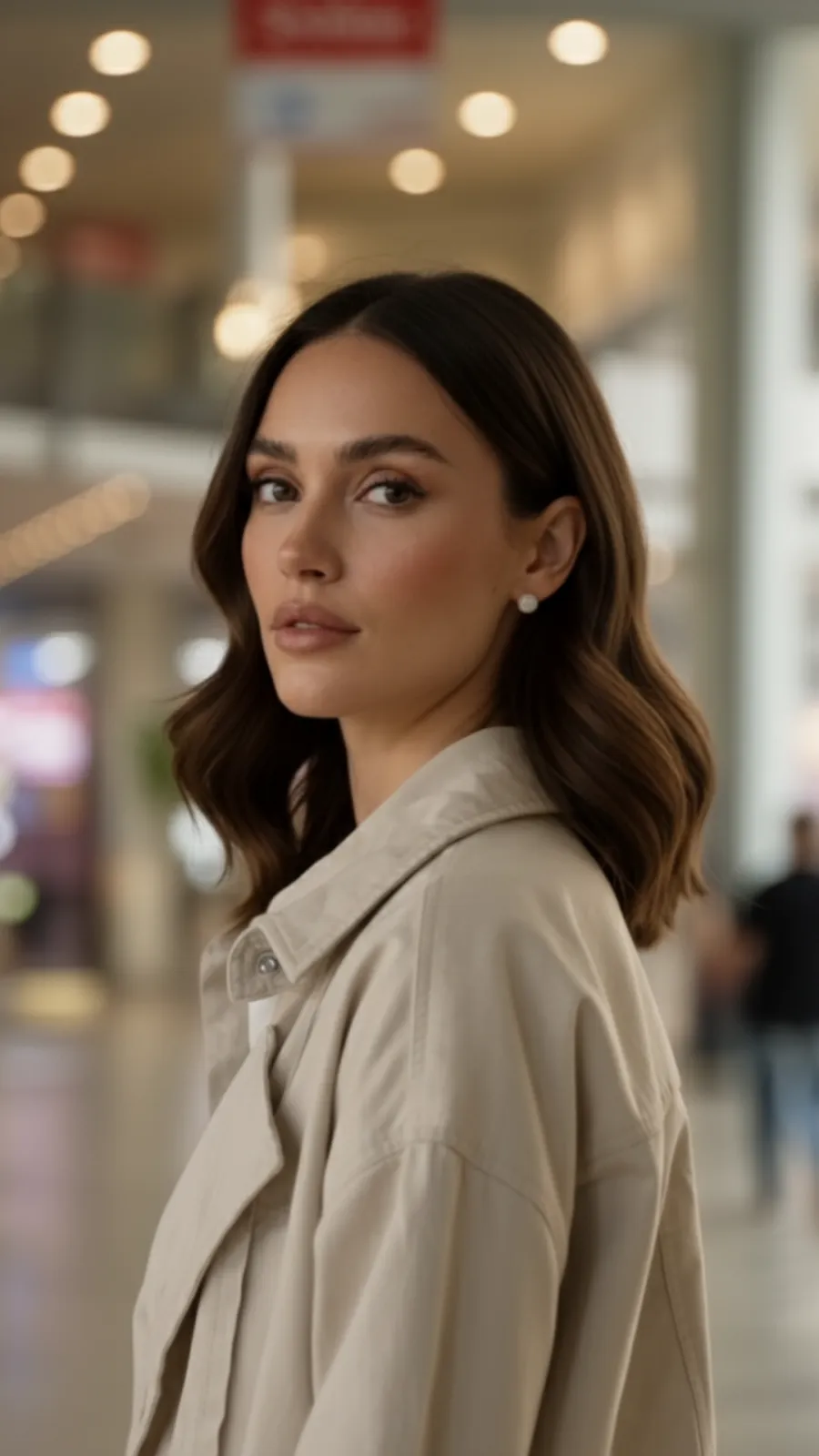Woman with brown hair, wearing a beige coat, standing in a shopping mall with blurred lights in the background.