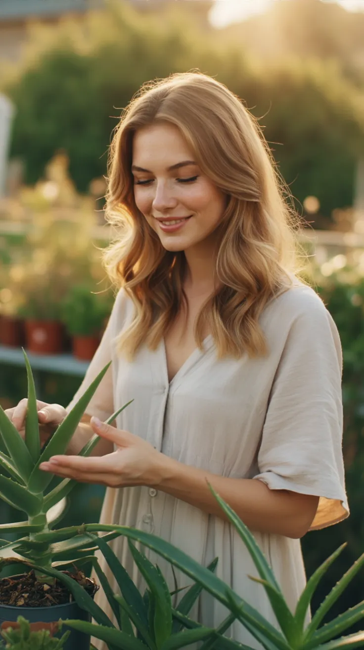 Woman in a soft dress gently touching an aloe plant in a sunlit garden, with a peaceful expression.