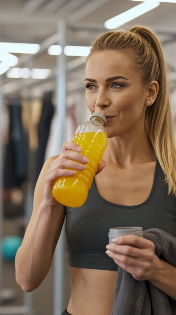 Woman at the gym in a dark sports bra, sipping a yellow drink with gym equipment out of focus in the background.
