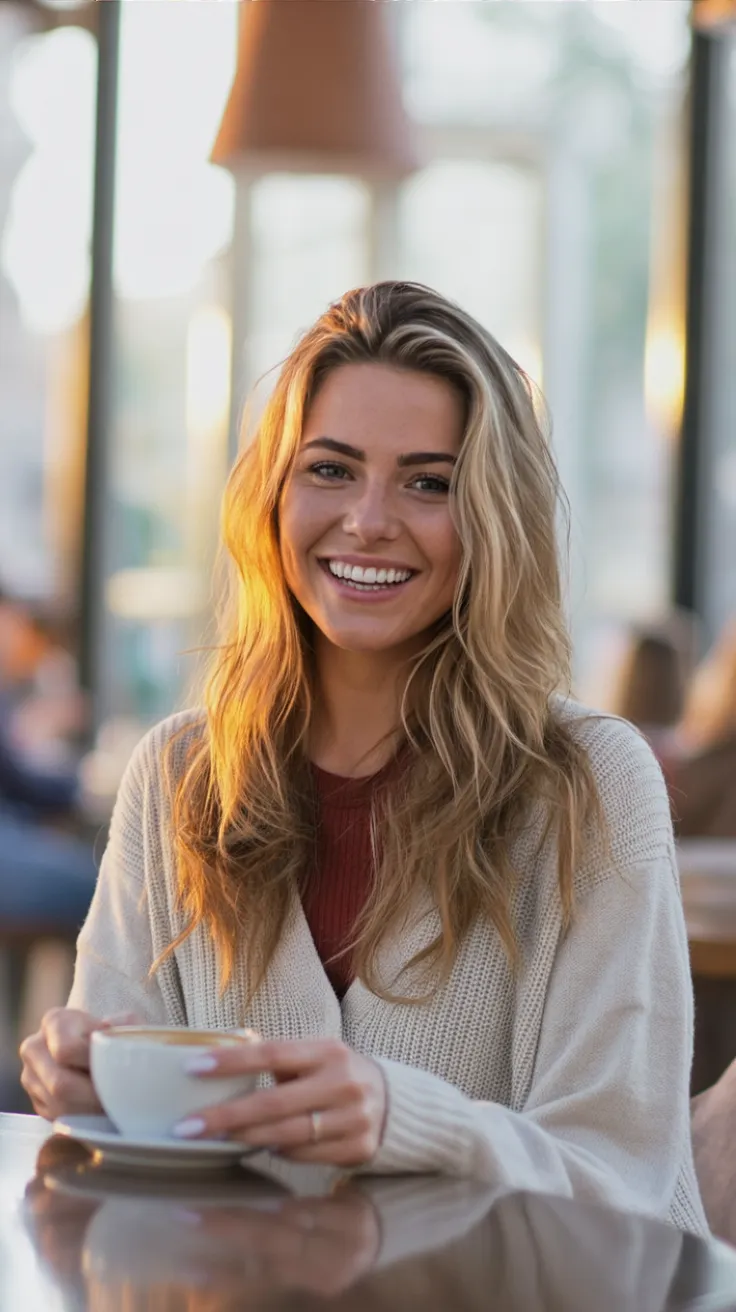 Woman with long hair smiling brightly, wearing a light sweater, holding a coffee cup at a cafe table.
