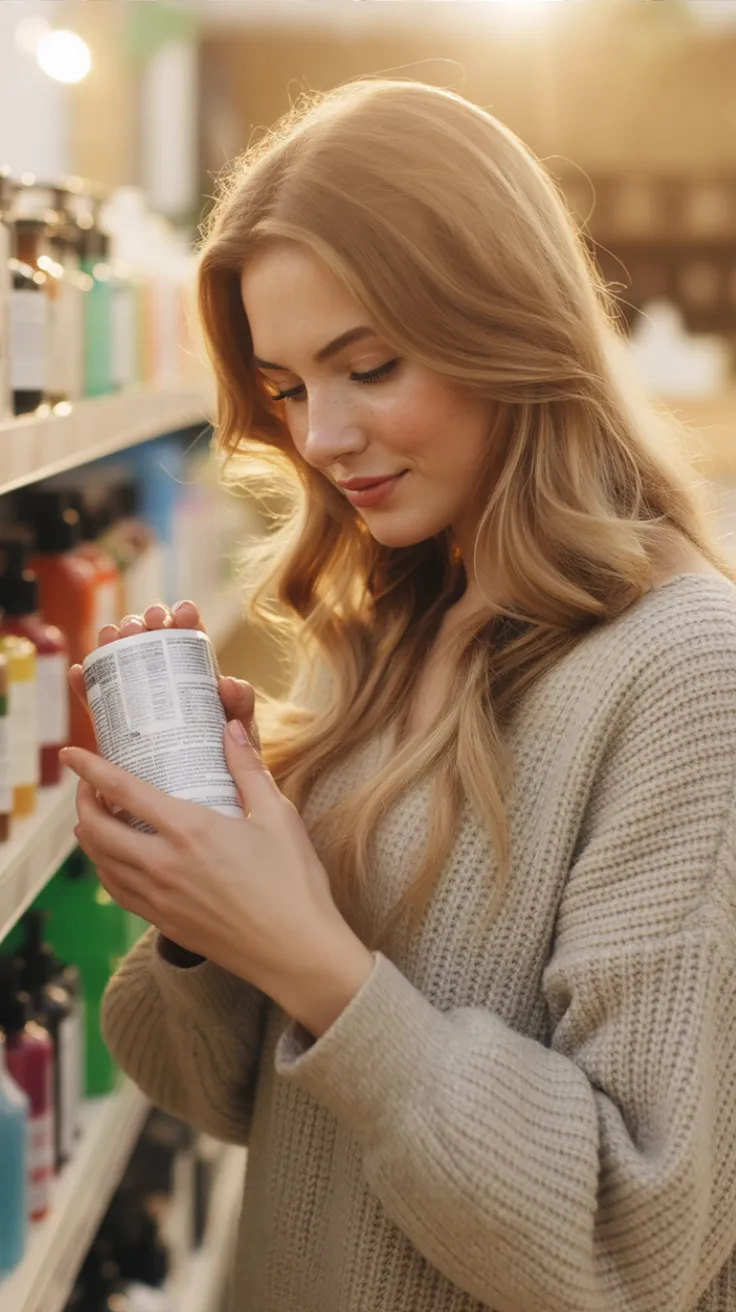 Young woman with long hair wearing a cozy sweater, examining a product in a well-lit store aisle.