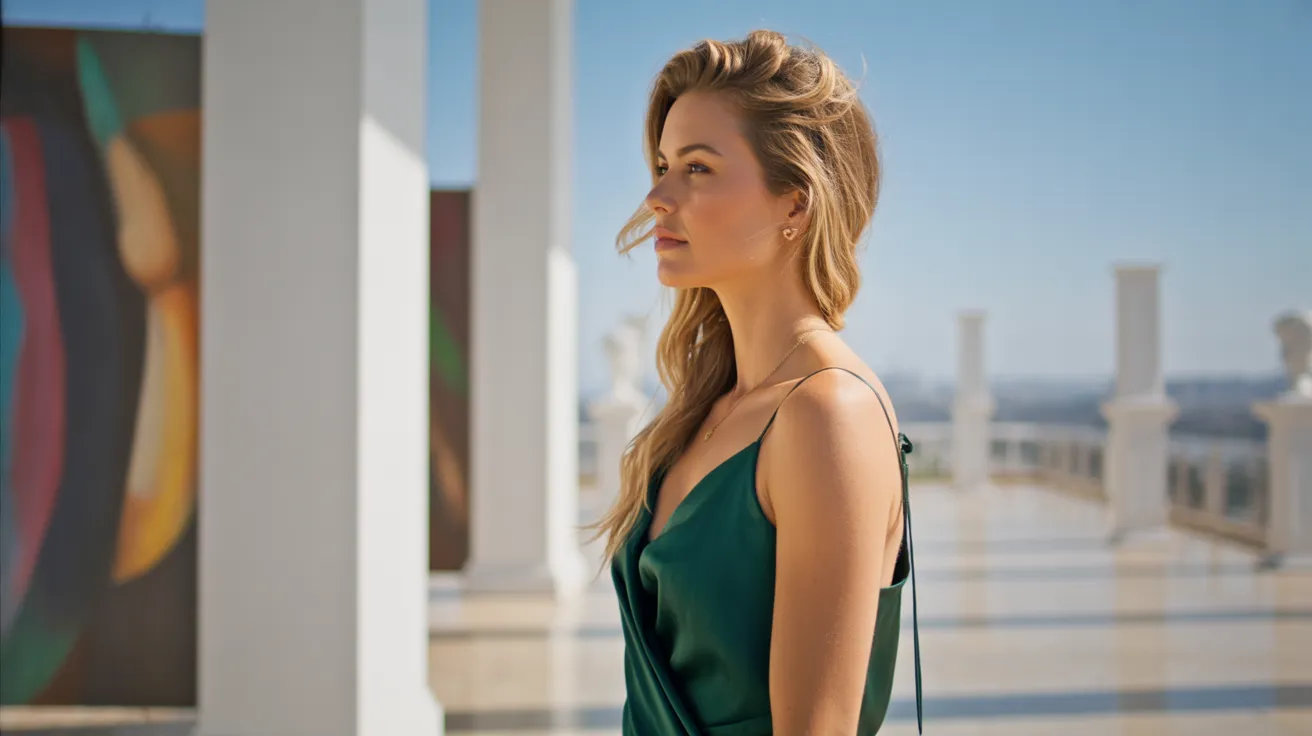 Woman in green dress on a sunny terrace with art in the background, looking contemplative.