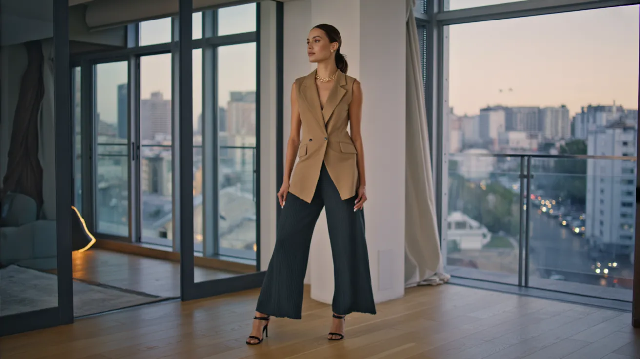 Woman in sleeveless tan blazer and black wide-leg pants standing in a modern apartment